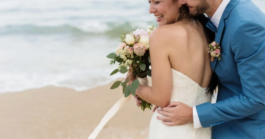 Pasangan pengantin berdiri di tepi pantai sambil memegang buket bunga dalam konsep pernikahan intimate.
