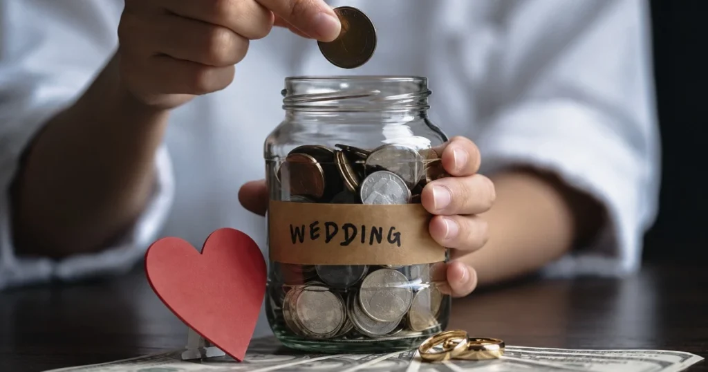 Seseorang memasukkan koin ke dalam toples bertuliskan wedding, dengan cincin kawin dan uang sebagai simbol anggaran pernikahan.