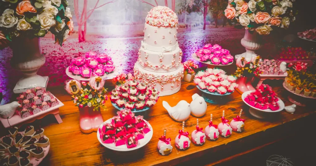 Meja catering pernikahan berisi kue pengantin, aneka dessert, cokelat, dan makanan manis untuk tamu.