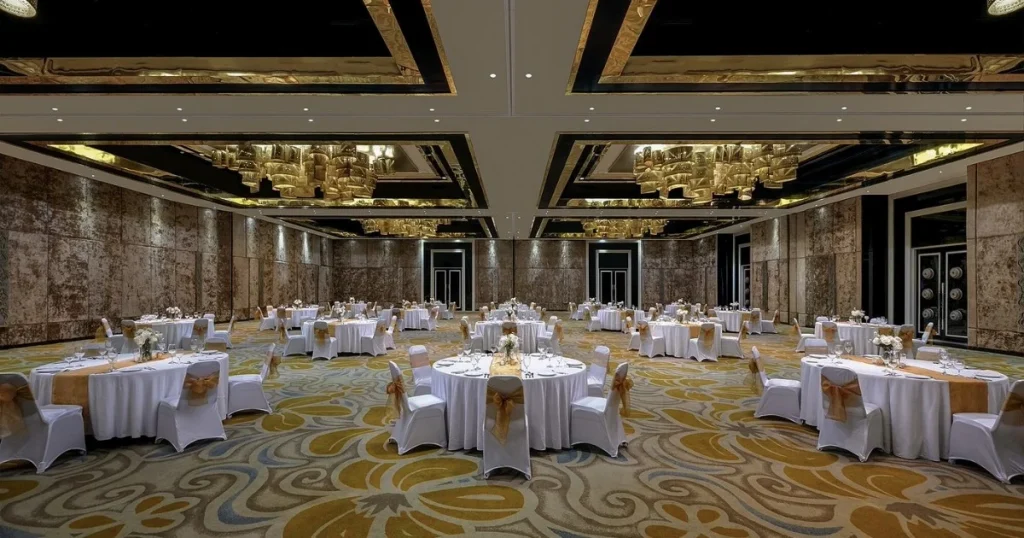 Ballroom luas di Bali dengan meja bundar, kursi berdekorasi, dan lampu gantung untuk acara tanpa menginap di hotel.